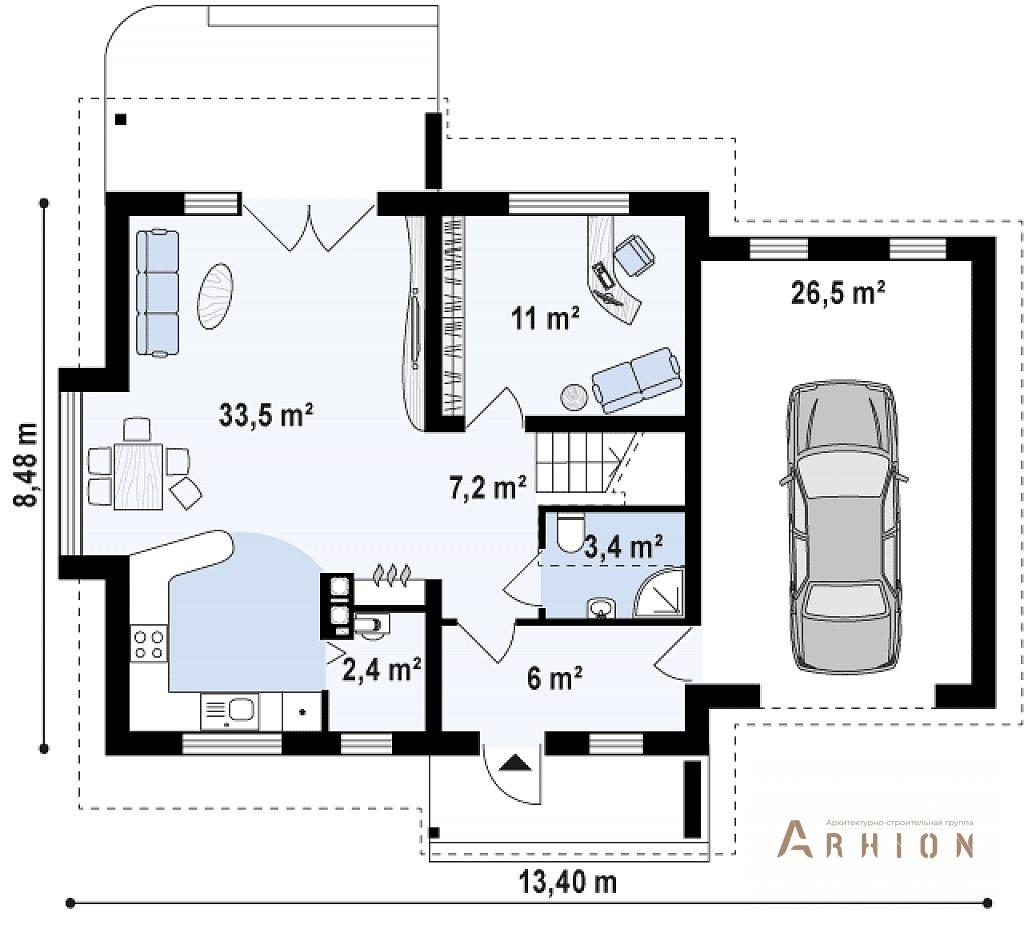 2. Проект одноэтажного дома в европейском стиле с двускатной кровлей, Z102 GP, площадью - 149 кв c мансардой, терассой, балконом, гаражом, эркером